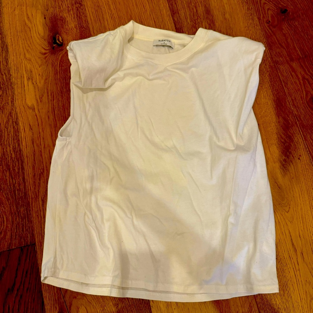 Aritzia white sleeveless tee with padded shoulders, size XS, NWOT
